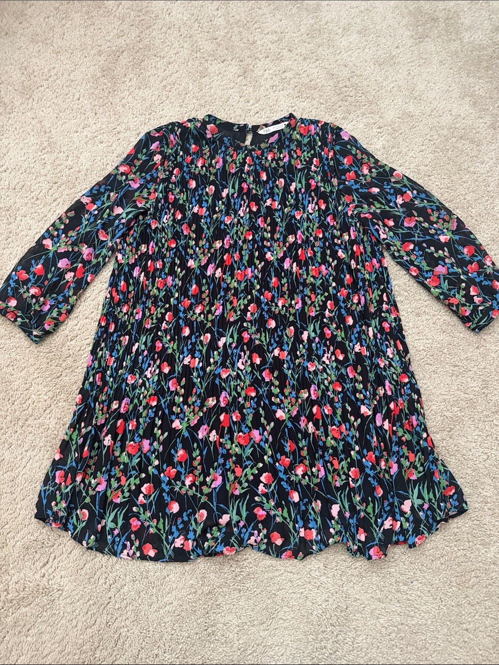 Zara Floral Pleated Black Shift Dress with Pink & Red Blooms